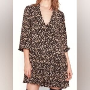Zara "The Claris" Black And Tan Leopard Print Button Front Ruffled Dress S